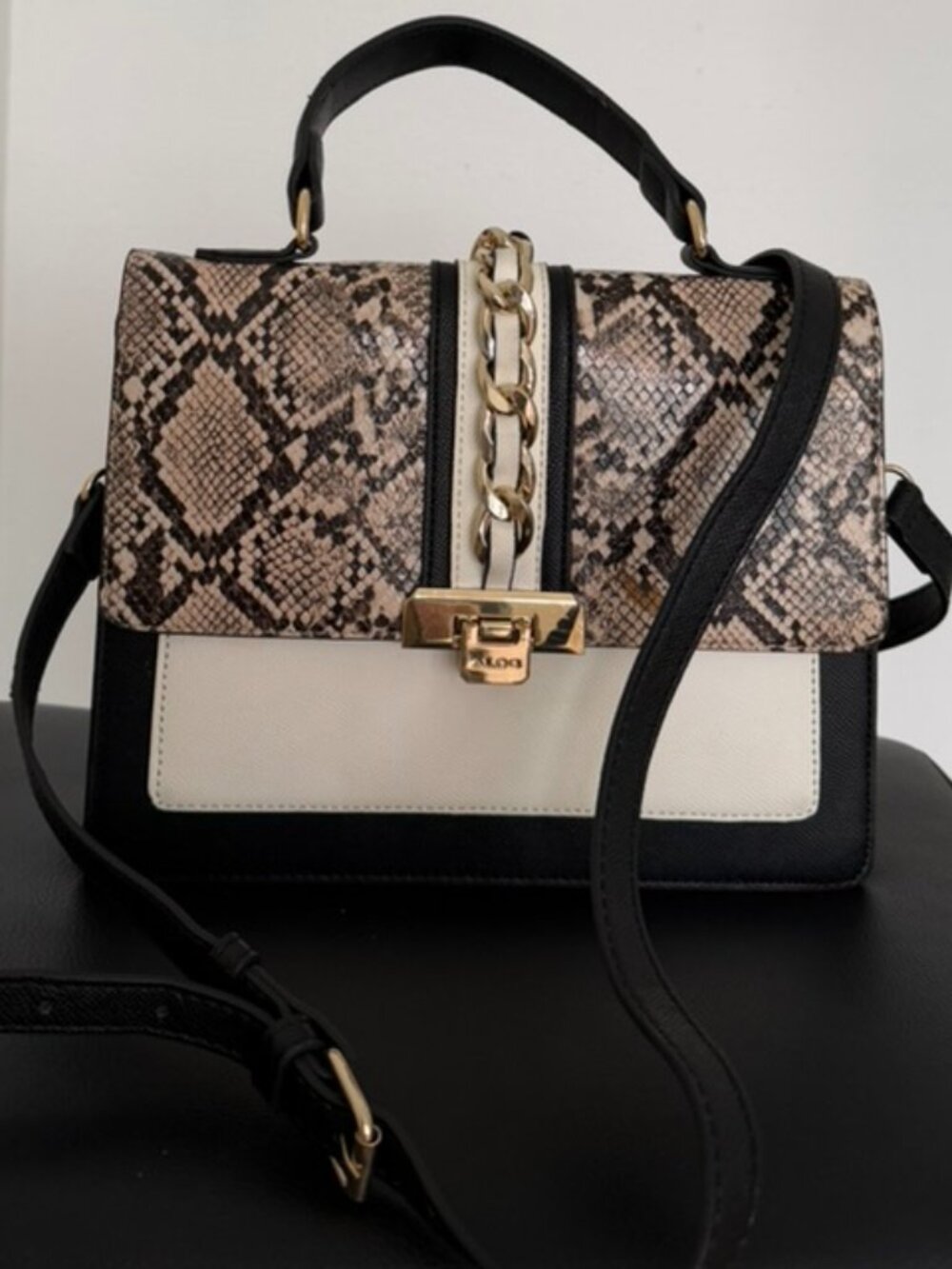 Crossbody Bag ALDO Snake Print Top Handle – Black, Cream & Gold Chain